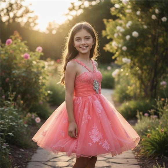 Sherri Hill ✦ Coral Tulle Dress Girls 12 ✦ Beaded Straps Jeweled Brooch Pageant - Picture 1 of 17